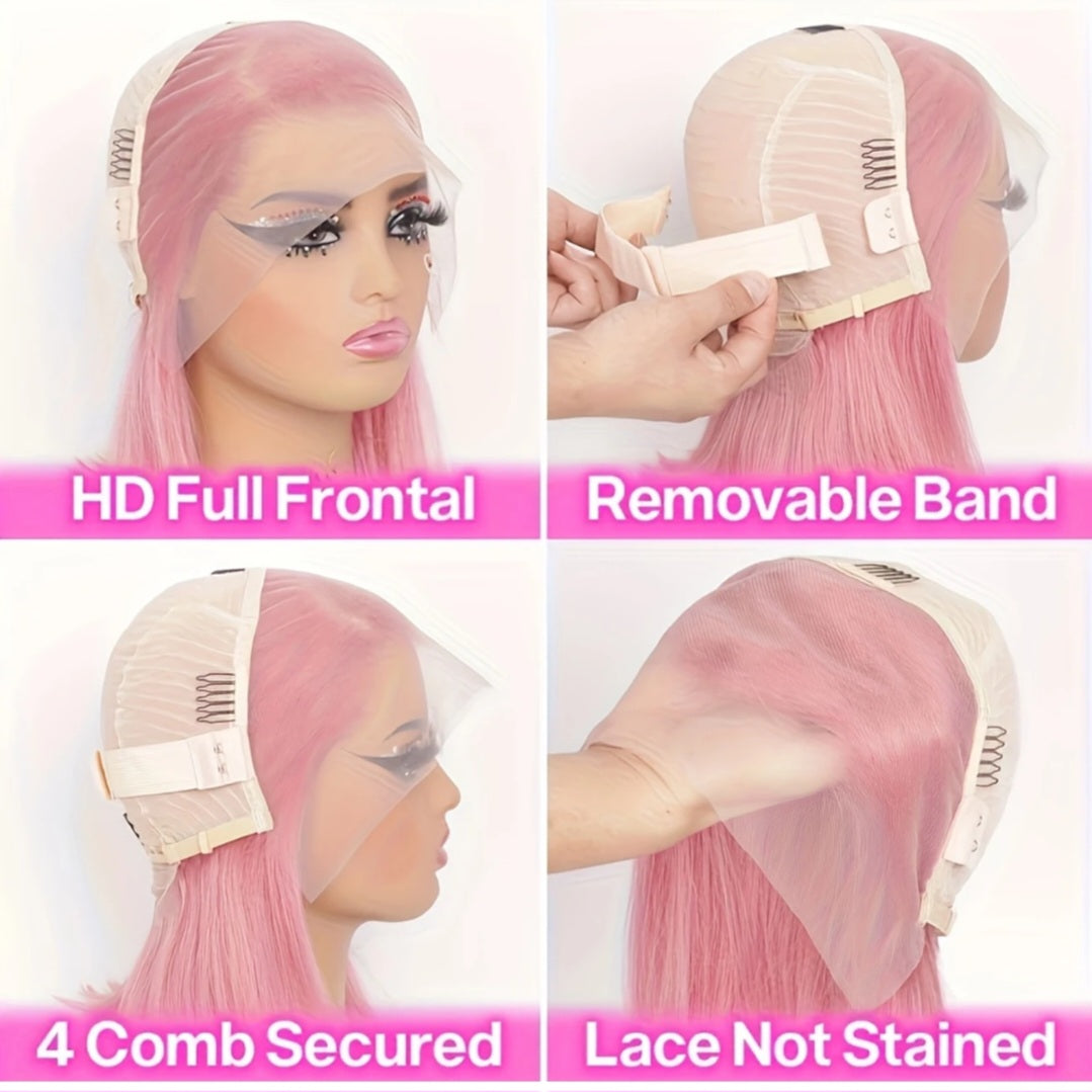 Lace frontal 13x4 HD Transparent 12-inch human hair color pink bob