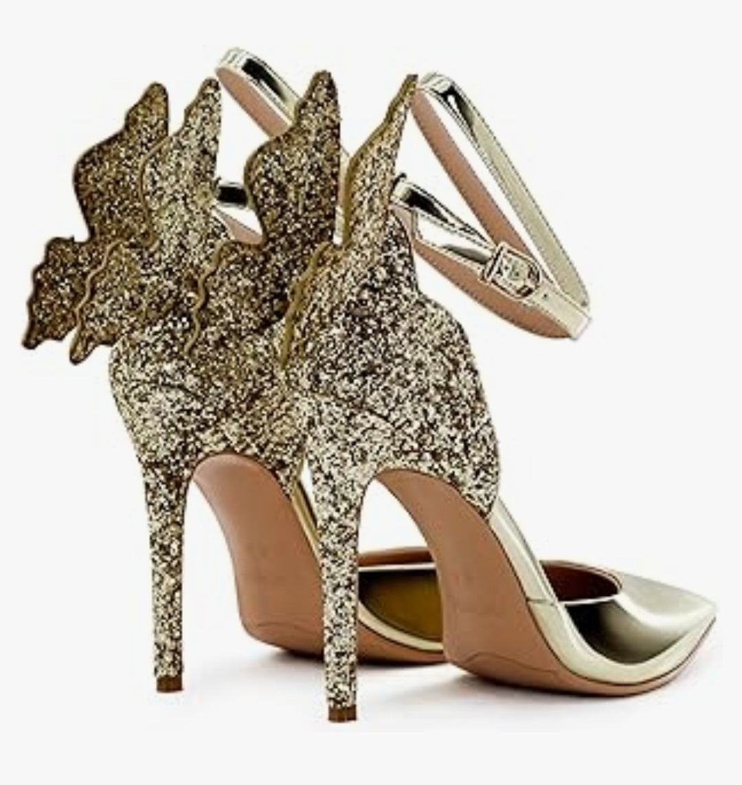 Shoes High Heels Butterfly Stiletto Pumps Closed Toe Sparkly Ankle Strap Heels Sandals size 9 gold shoes