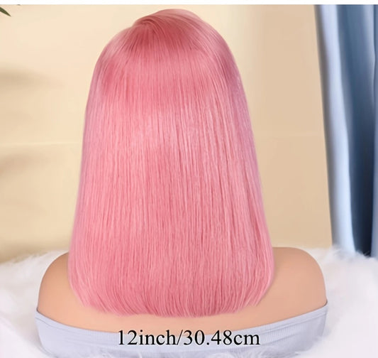 Lace frontal 13x4 HD Transparent 12-inch human hair color pink bob