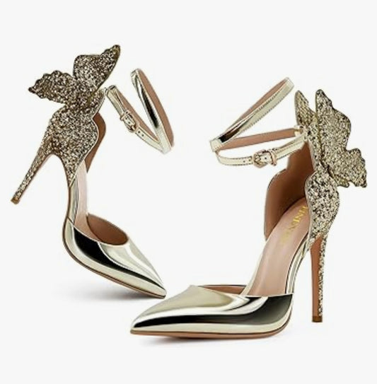 Shoes High Heels Butterfly Stiletto Pumps Closed Toe Sparkly Ankle Strap Heels Sandals size 9 gold shoes