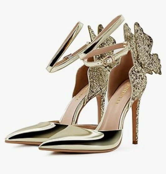 Shoes High Heels Butterfly Stiletto Pumps Closed Toe Sparkly Ankle Strap Heels Sandals size 9 gold shoes